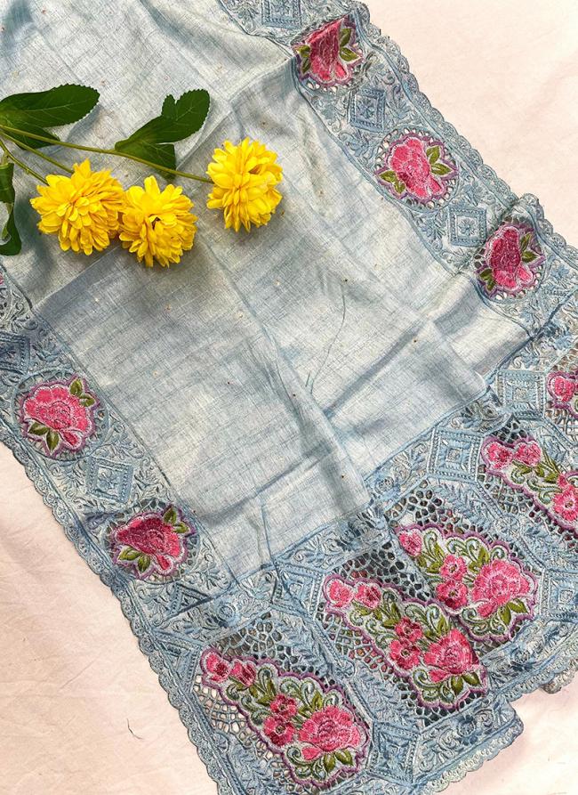 Silk Sky Blue Festival Wear Cut Work Saree